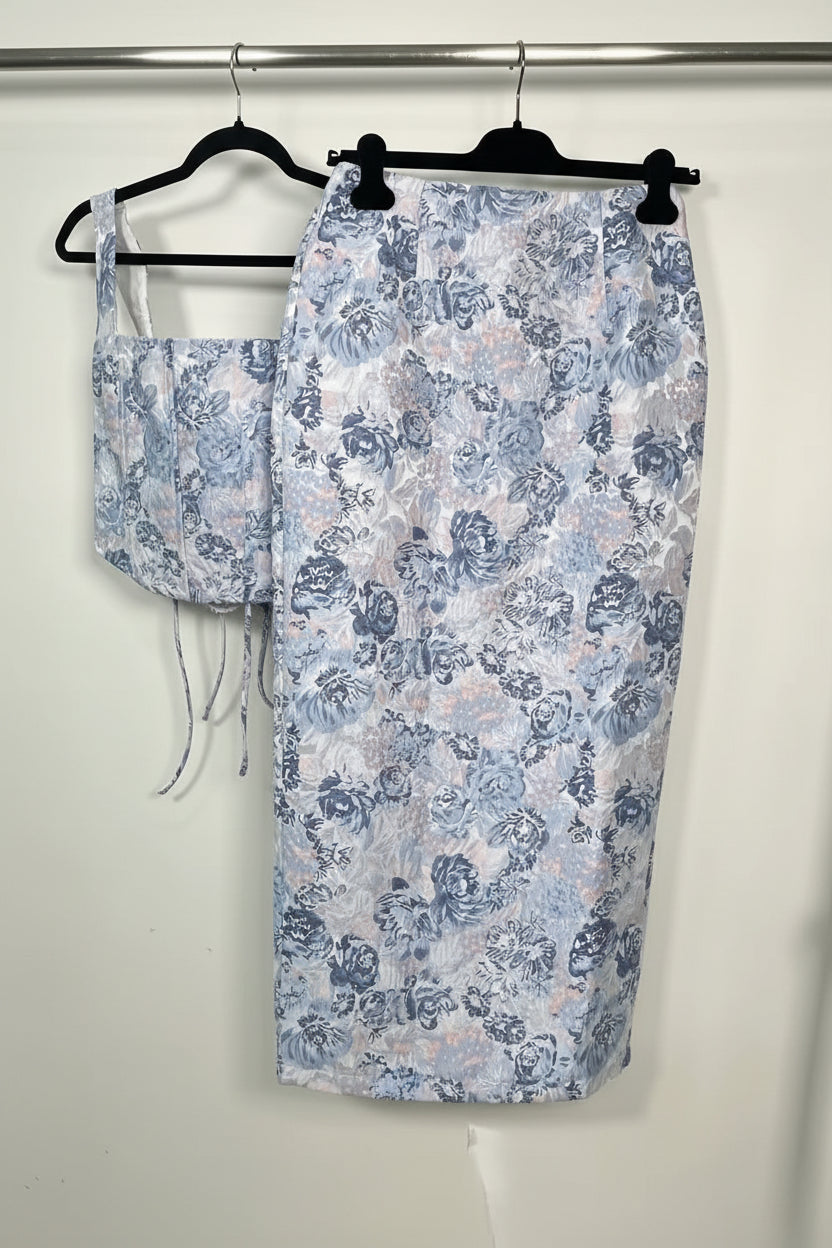 Yellow The Label Blue & Cream Embroidered Co-ord Matching Set – Top S / Skirt M