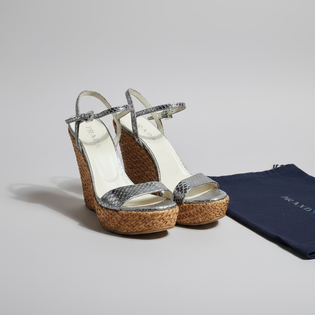 Prada Woven Raffia Wedge Sandals — Made in Italy, EU 37 / US 7