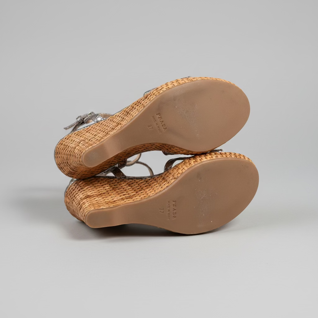 Prada Woven Raffia Wedge Sandals — Made in Italy, EU 37 / US 7