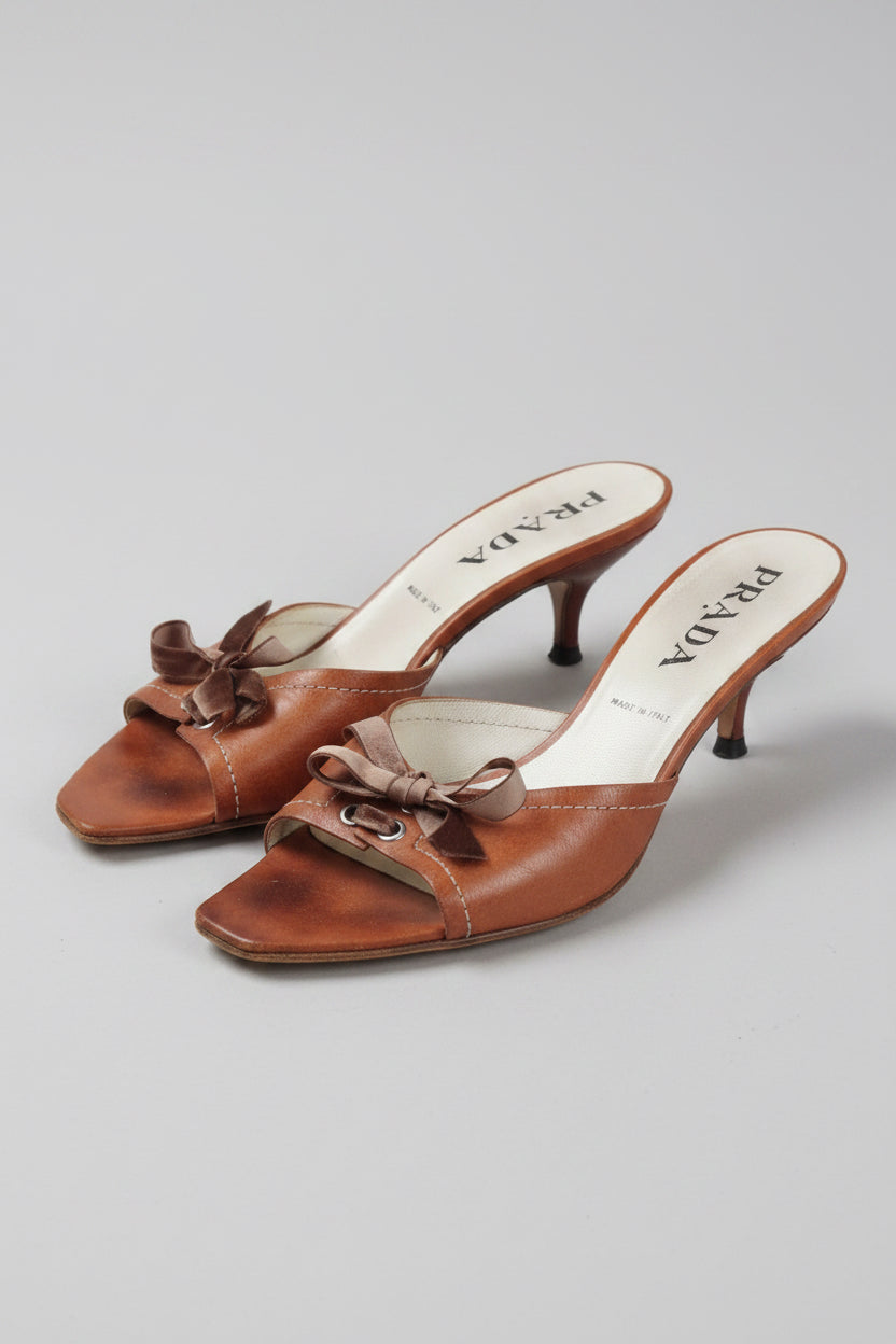 Vintage 90s Prada Cognac Leather Kitten Heel Mules – Size 39 | Restored