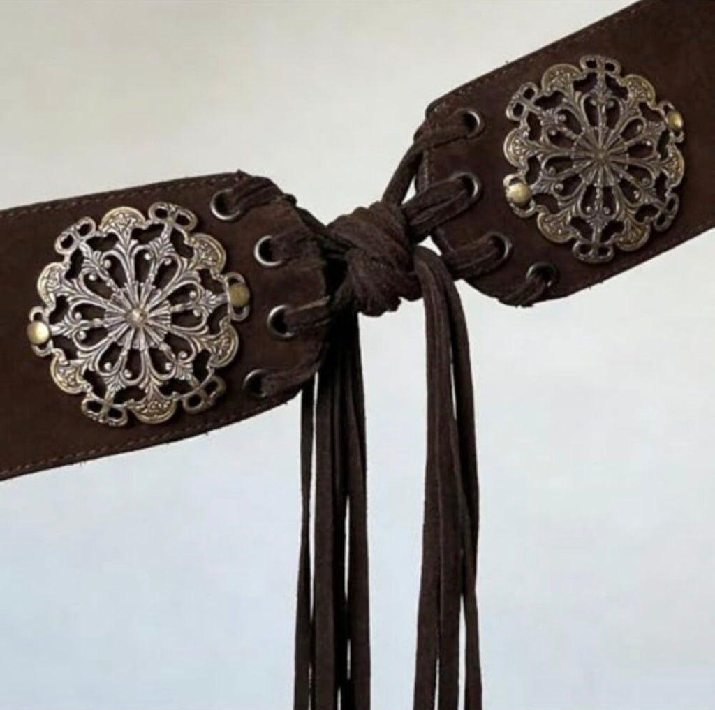 Vintage Wide Suede Concho Belt with Fringe — Double Medallion Lace-Up