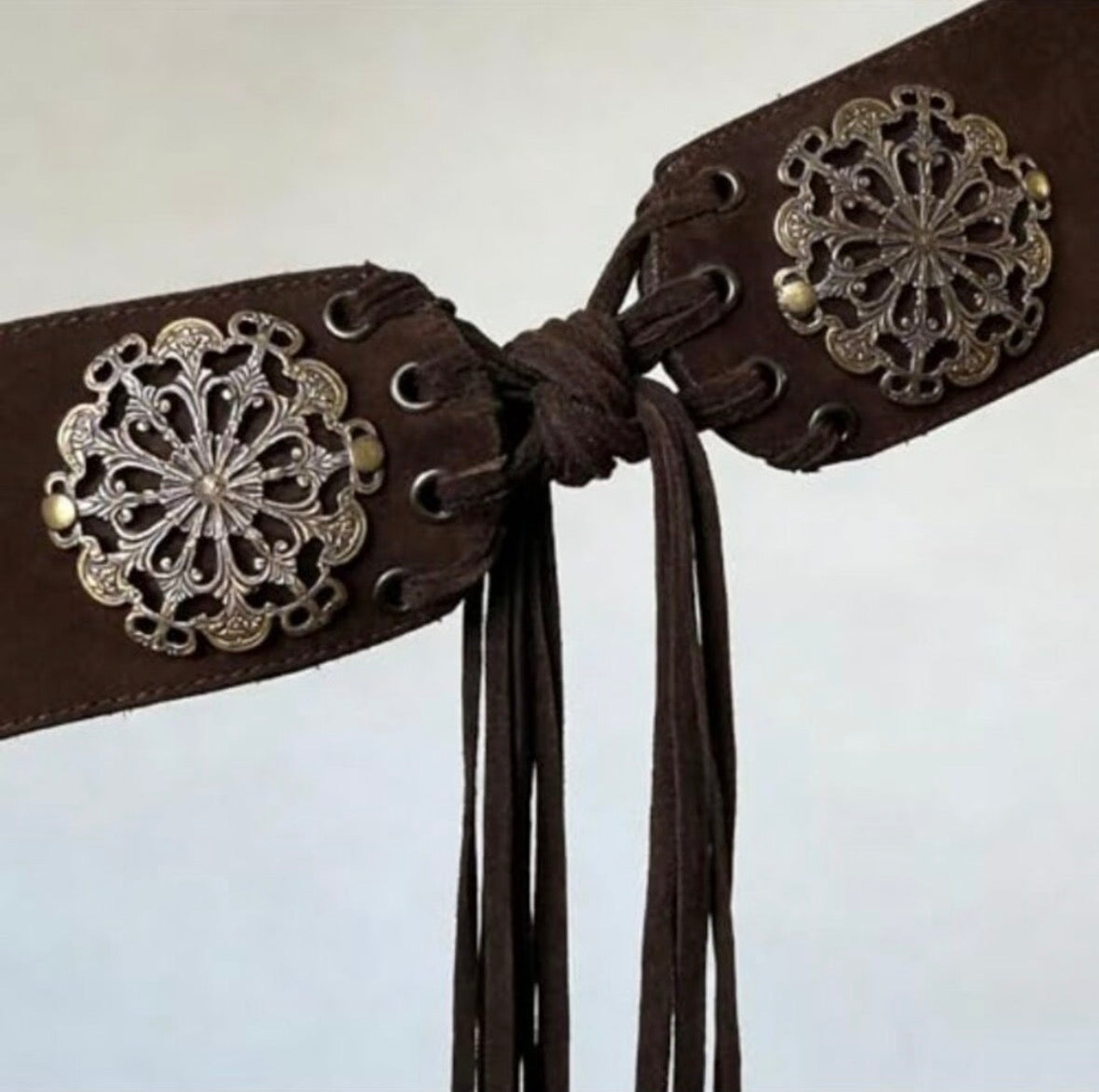 Vintage Wide Suede Concho Belt with Fringe — Double Medallion Lace-Up
