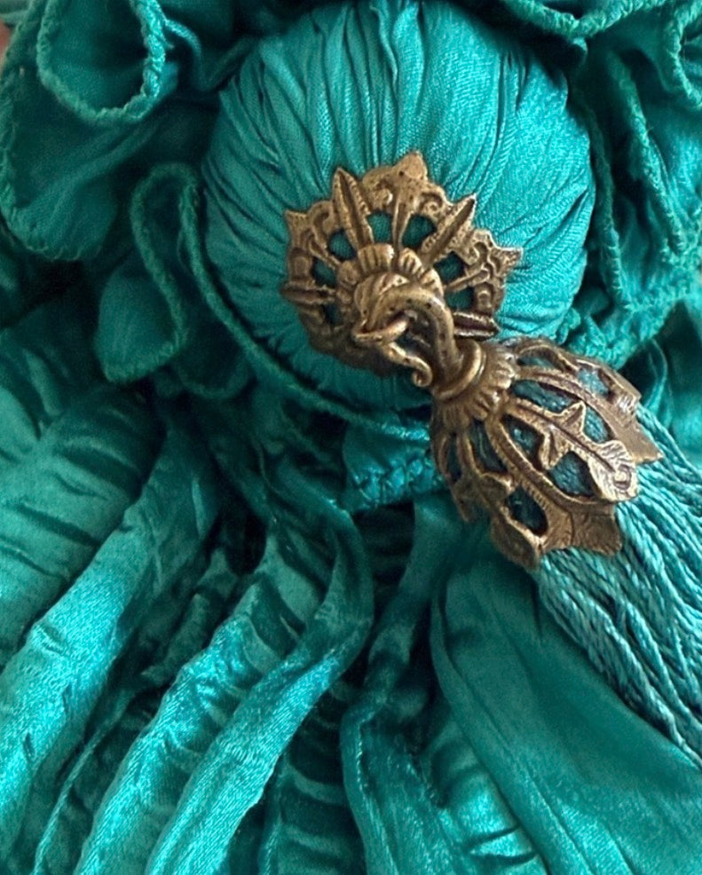 Vintage Teal Satin Drawstring Evening Bag with Silk Tassel