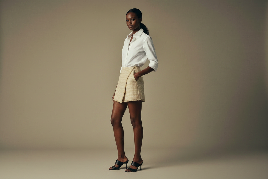 Beige Tweed Skort on White Mannequin with Kitten Heel Mules