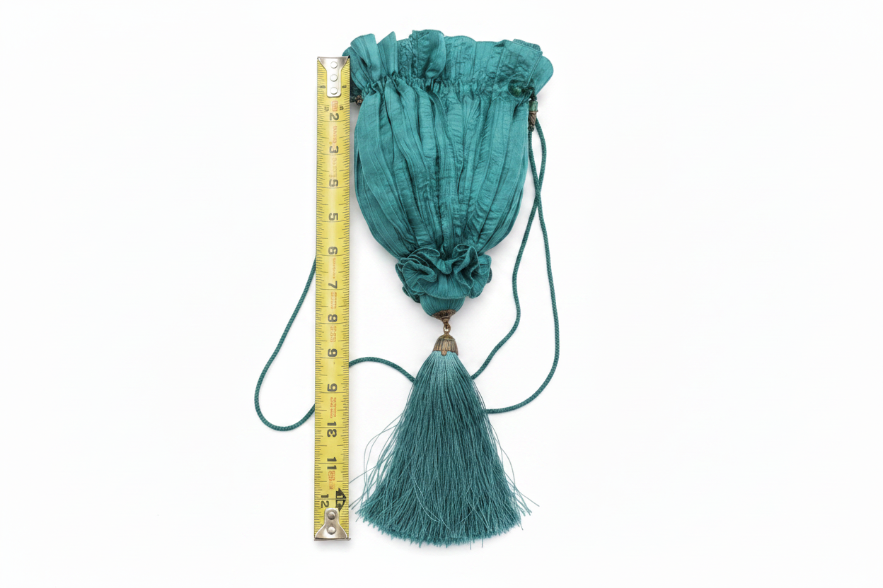 Vintage teal satin drawstring evening bag with measuring tape showing 12 inch length on white background