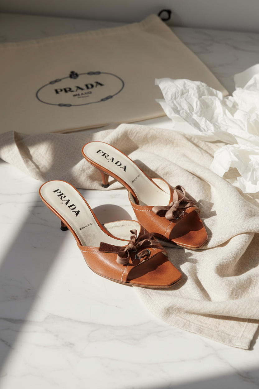 Vintage 90s Prada Cognac Leather Kitten Heel Mules – Size 39 | Restored