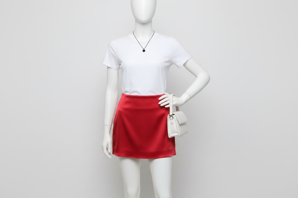 Red Satin Mini Skirt - White Mannequin Styled Look