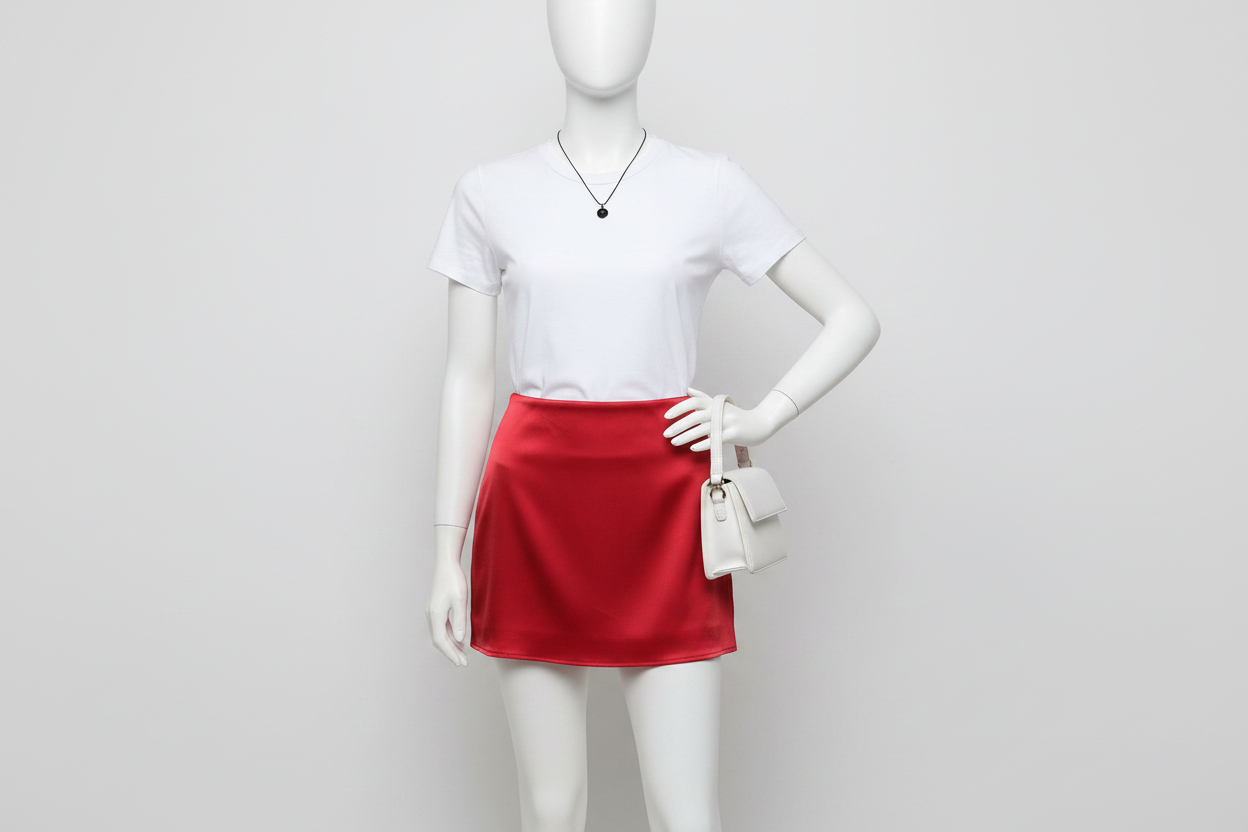 Red Satin Mini Skirt - White Mannequin Styled Look