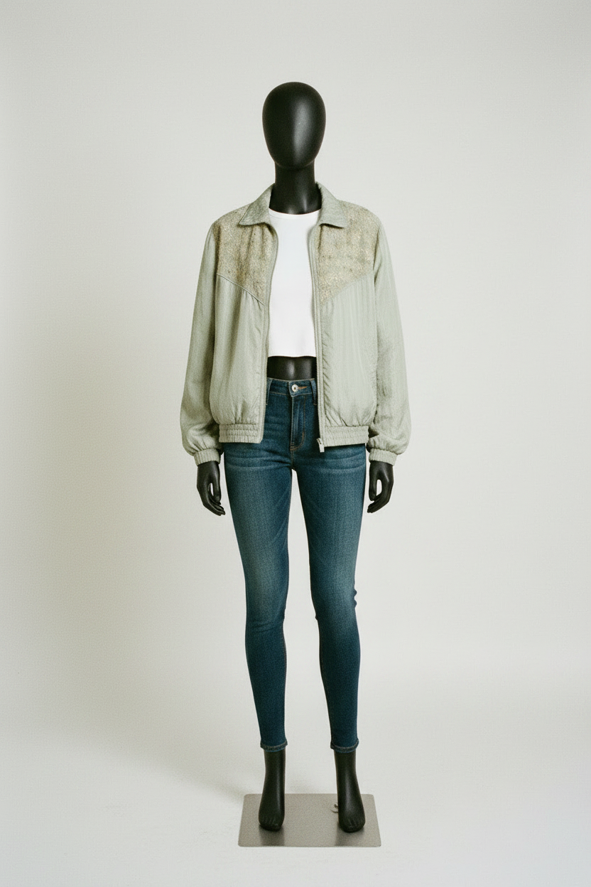 Sage Bomber — Crop Tee Under Jacket, Black Mannequin